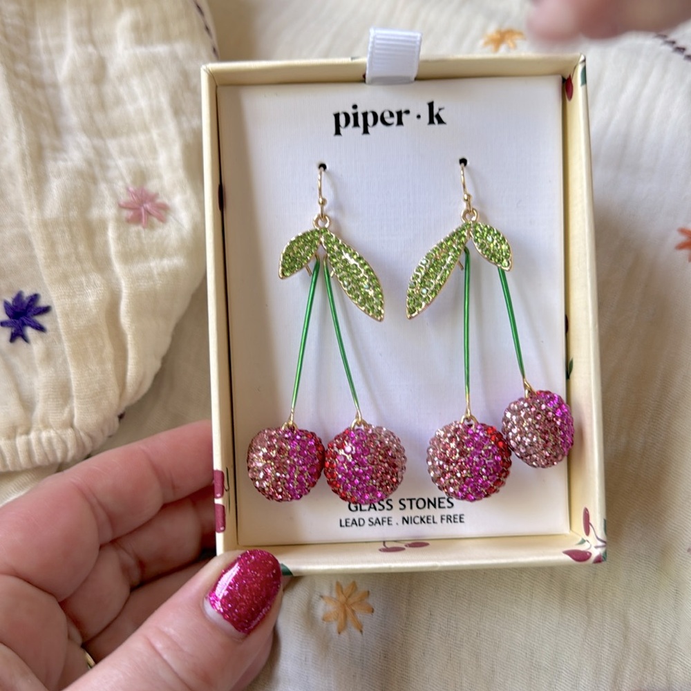 Piper K Cherry Hanging Earrings Glass Stones Fuchsia Red Pink Green Gold 2.5"